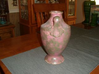 Vintage Burley Winter Pottery Burgundy Scroll Handled 9E Vase 4
