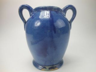 Antique Art Pottery Vase Applied Handles Blue Glaze 7 Inches 4