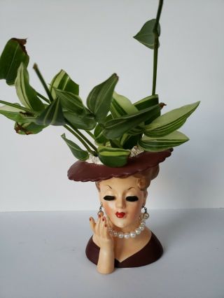 Vintage Lady Head Planter Vase 1958 Napco C33438 Red Pearl Necklace Earrings
