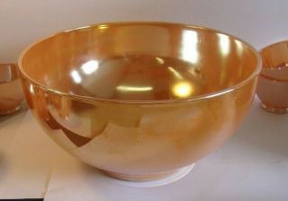 Vintage (early 60 ' s) Peach Lustre Ware Glass Punch Bowl Set - Bowl,  Base 12 cups 4