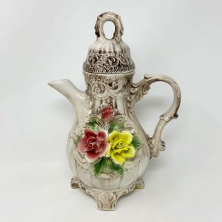 Capodimonte Lidded Pitcher Vase Hallmarked Red Yellow Roses Made In Italy