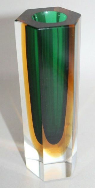 Vtg Murano Sommerso Green & Yellow Italy Art Glass Vase