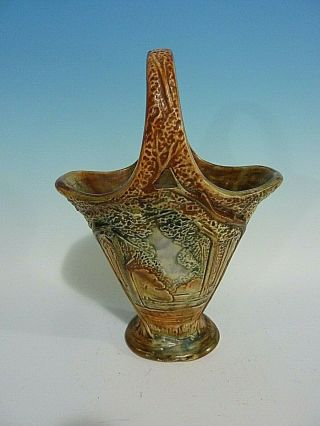 Vintage Weller Art Pottery Woodland Forest Scene Basket Vase - Minty