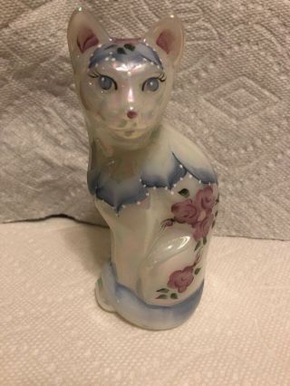 Fenton Art Glass Hand Painted White Opalescent Sitting Cat With Flowers 5 1/2”