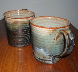 TWO vintage MERRITT ISLAND FLORIDA ART POTTERY HANDLED MUGS CUPS 4