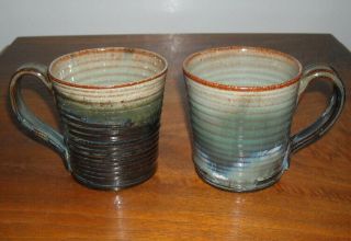 TWO vintage MERRITT ISLAND FLORIDA ART POTTERY HANDLED MUGS CUPS 5