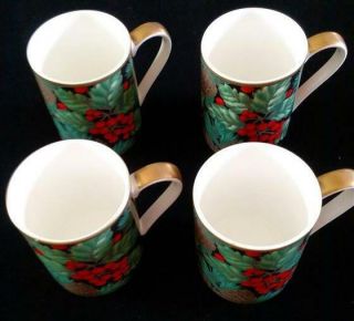 4 Christmas Mugs Cup Fitz And Floyd Holiday Pine Bone China