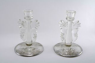 Paden City Crystal Candlesticks With Sterling Silver Overlay 1930 