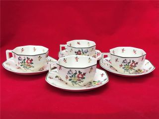 Vintage Royal Doulton Old Leeds Sprays Set Of 4 Cup And Saucer