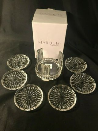Marquis By Waterford Set Of 6 Crystal Coasters W/ Holder Diamond Nib