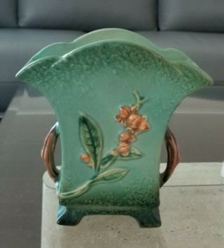 Roseville Bittersweet 874 - 7 " Fan Vase With Twig Handles Green
