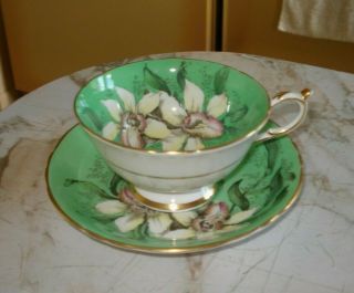 Vintage Double Warrant Paragon Footed Cup & Saucer Green W/ Flowers