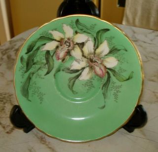 Vintage Double Warrant Paragon Footed Cup & Saucer Green w/ Flowers 4