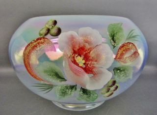 Fenton Magnolia Blush Hand - Painted French Opalescent Glass Rose Bowl 6494