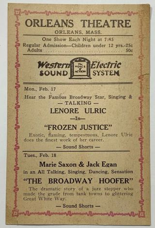 Old Vtg Orleans Theatre Massachusetts Movie Schedule Ad Western Electric Sound