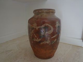 Antique 19th Century Terracotta Redware French Confit Pot With Colorful Glaze