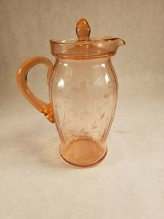 Vintage Floral Etched Pink Depression Glass Pitcher With Lid And Applied Handle