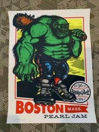 Pearl Jam Ames Bros 2016 Fenway Green Monster Poster Ap Signed & Numbered W/card