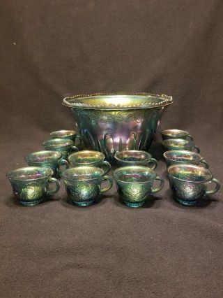 Vintage Blue Irridescent Indiana Carnival Glass Punch Bowl With 12 Cups