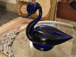 Signed Bristol Blue Cobalt Glass Swan Paperweight Desk Ornament Figurine