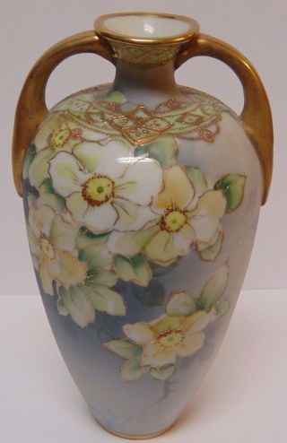 Old Antique Vintage 1911 1921 Hand Painted Nippon Gold Glit Floral Vase Handles