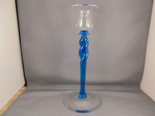 Vintage Hand Blown Steuben Elegant Blue Clear Glass Twist Candlestick 10 " Signed