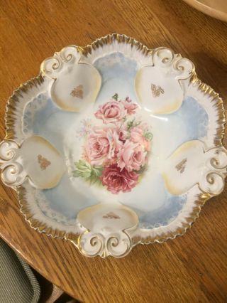 Large Antique Germany Rs Prussia Bowl With Roses In Center 10 "