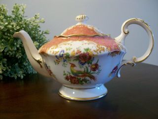 Vintage Paragon Bone China England Pheasant Teapot Pink Gold Trim 15oz