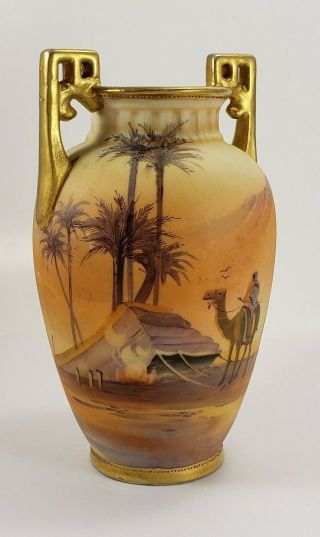 Antique Nippon Egyptian Man On Camel Desert Scene Porcelain Vase Green Wreath