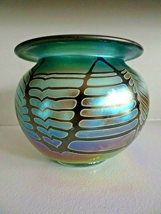 Signed Charlie Minor Studio Art Glass Spider Web Iridescent Vase 4