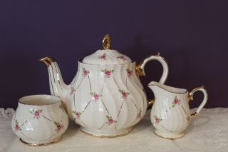 Sadler England Pink Roses Swirled 3 Piece Teapot,  Cream And Sugar Set Gold Trim