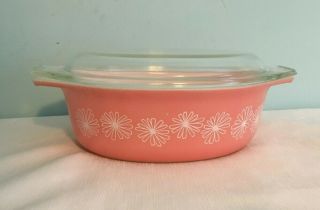 Vintage Pyrex Pink Daisy 043 Oval Casserole Dish 1.  5 Qt With Lid