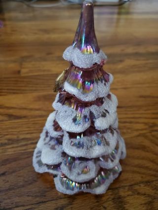Fenton Art Glass Green Iridescent Carnival Christmas Tree Frit Flocked 6 "