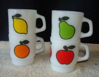Set Of 4 Anchor Hocking Fire King Fruit Coffee Mugs Lemon,  Apple,  Pear & Orange