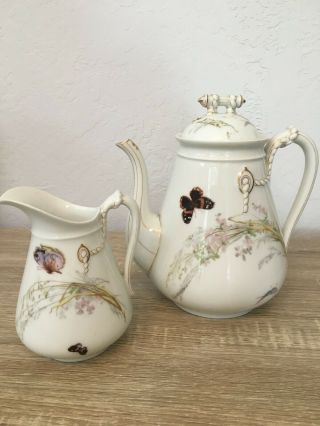 Antique Haviland Limoges Coffee Tea Pot & Pitcher Meadow Visitor Butterfly
