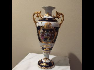 Elegant Fine Porcelain Vase Cobalt Blue Gold Ornate Handles 13x7 - Ec