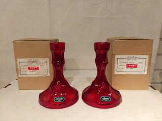 Noritake Elegant Ruby Red Glass Perspective Pattern Candlesticks Pair Mib Rare