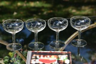 Vintage Etched Cocktail Martini Glasses,  Set Of 4,  Vintage Champagne Coupes