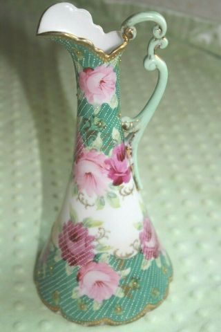 Vintage Nippon Japan Hand Painted Beaded Floral Moriage Pitcher (ewer)