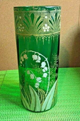 Antique Moser Art Glass Lily Of The Valley Optic Green & Gold Enameled Vase 9.  5 "