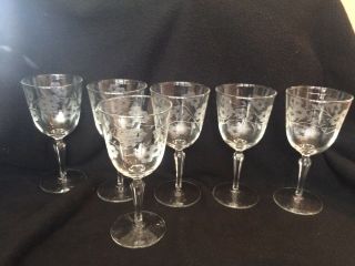 Vintage Wine Glasses/water Goblets - Set Of 6 Etched With Flowers & Leaf