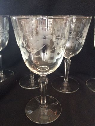 Vintage Wine Glasses/Water Goblets - Set of 6 Etched with Flowers & Leaf 2