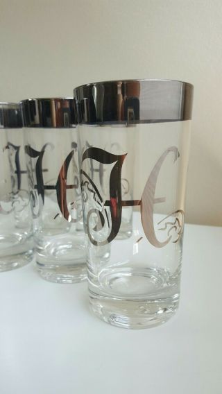 6 Vintage Dorothy Thorpe Mid - Century Silver Rim " H” Monogrammed Bar Glasses Mcm