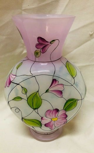 Hand Painted Pazzoni Stained Glass Design Vase Lavender Opalescent