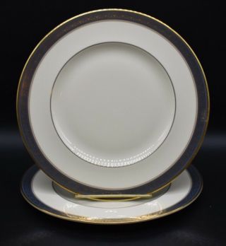(2) Minton English Embassy Blue 10 - 5/8 " Dinner Plates Gold Cobalt Ivory