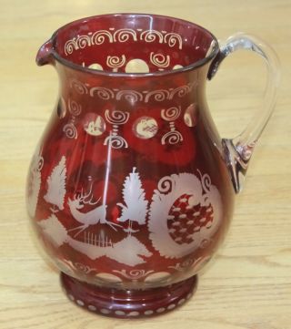 1880 Egermann Water Pitcher Stag Deer Elk Castle Ruby Cranberry Cut To Clear
