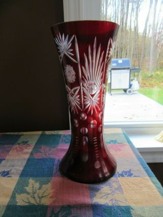 Vintage Bohemian Czech Art Glass Cut To Clear Red Ruby Crystal 12’’ Tall Vase