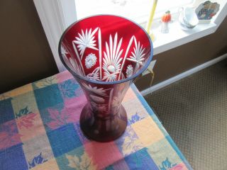 Vintage Bohemian Czech Art Glass Cut To Clear Red Ruby Crystal 12’’ Tall Vase 3