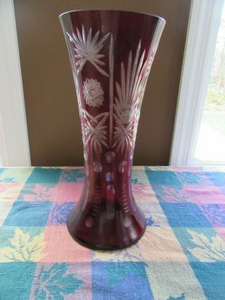 Vintage Bohemian Czech Art Glass Cut To Clear Red Ruby Crystal 12’’ Tall Vase 5