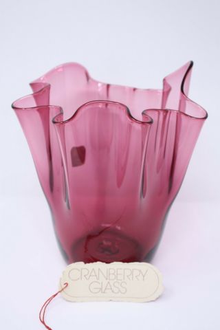 Contemporary Pilgrim Cranberry Glass Pleated Optic Vase With Scalloped Top